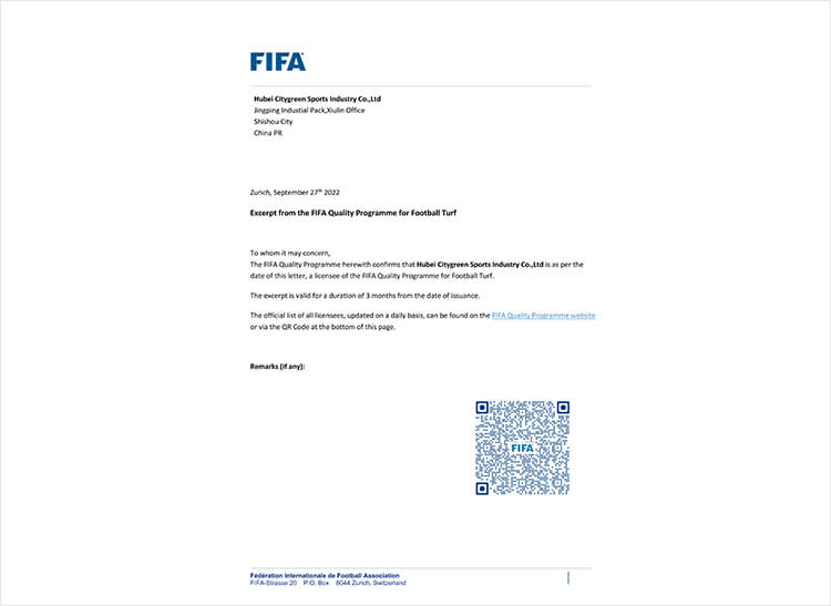 国际足联(FIFA）认证供应商<br>全球20+家获FIFA场地认证企业之一